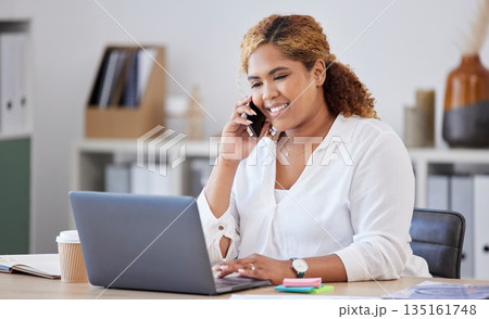 Online communication, businesswoman on smartphone and laptop at her workstation in office. Networking or connectivity, support or crm and female person with cellphone have conversation at workplace 135161748