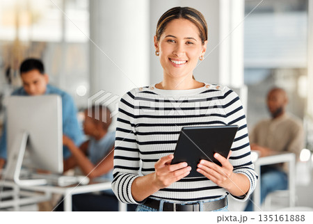 Portrait, tablet and business woman, designer or creative in office workplace. Face, technology and female professional, entrepreneur or graphic design leader working on email, research or internet. Portrait, tablet and business woman, designer or creative in office workplace. Face, technology and female professional, entrepreneur or graphic design leader working on email, research or internet. 135161888
