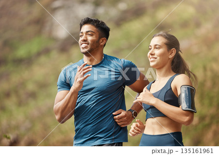 Running, park and couple of friends training for sports and health outdoor. Fitness, workout and sport wellness run of young runner people together in nature with athlete exercise and race cardio Running, park and couple of friends training for sports and health outdoor. Fitness, workout and sport wellness run of young runner people together in nature with athlete exercise and race cardio 135161961