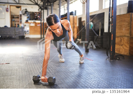 Fitness, push ups or girl athlete with dumbbells training, exercise or workout for powerful arms or muscles in gym. Balance, strong bodybuilder or Indian woman lifting weights or exercising biceps Fitness, push ups or girl athlete with dumbbells training, exercise or workout for powerful arms or muscles in gym. Balance, strong bodybuilder or Indian woman lifting weights or exercising biceps 135161964