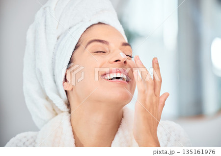 Skincare, bathroom and face cream for happy woman with dermatology and morning wellness in her home. Facial, sunscreen and female person with clean mask, creme or skin collagen beauty lotion Skincare, bathroom and face cream for happy woman with dermatology and morning wellness in her home. Facial, sunscreen and female person with clean mask, creme or skin collagen beauty lotion 135161976