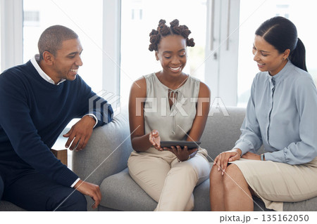 Brainstorming, business and group on sofa with a tablet, idea or strategy for corporate team in accounting. People, brainstorm and working together at work in finance, audit or fintech collaboration 135162050