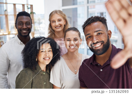 Group of people, diversity and corporate friends in selfie, happy in portrait with team, solidarity and business community. About us, professional of men and women in the office with smile in picture 135162093
