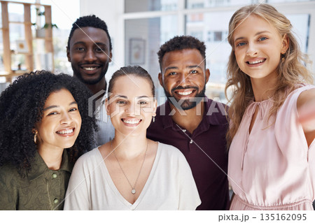 Business people, diversity and corporate friends in selfie, happy in portrait with team, solidarity and motivation. About us, professional group of men and women in the office with smile in picture 135162095