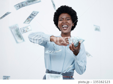 Rich, throwing money and woman with cash win in studio for investment, savings or wealth. Excited black person with bank notes in air for competition award, financial freedom or lottery bonus prize Rich, throwing money and woman with cash win in studio for investment, savings or wealth. Excited black person with bank notes in air for competition award, financial freedom or lottery bonus prize 135162123
