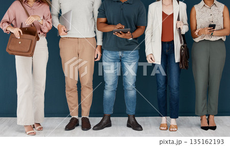 Hiring, technology and business people in row for job interview, vacancy and career opportunity in office. Corporate, diversity and men and women candidates for hr meeting, recruitment and employment 135162193