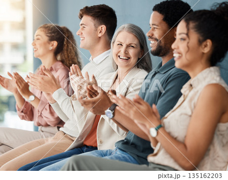 Clapping, business meeting and woman portrait for celebration, winning and cheers, yes or success and thanks. Happy applause, audience and group of women, men or team, achievement or congratulations Clapping, business meeting and woman portrait for celebration, winning and cheers, yes or success and thanks. Happy applause, audience and group of women, men or team, achievement or congratulations 135162203