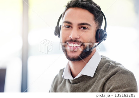 Man, portrait and happy call center worker with headset, smile and professional mindset for customer service, support or help. Face, person and working in telemarketing, crm or online consulting Man, portrait and happy call center worker with headset, smile and professional mindset for customer service, support or help. Face, person and working in telemarketing, crm or online consulting 135162205