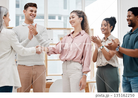 Handshake, clapping and business women in meeting success, celebration or CEO thank you, onboarding or hiring. Applause, mentorship and people shake hands in achievement, thanks and project promotion Handshake, clapping and business women in meeting success, celebration or CEO thank you, onboarding or hiring. Applause, mentorship and people shake hands in achievement, thanks and project promotion 135162250