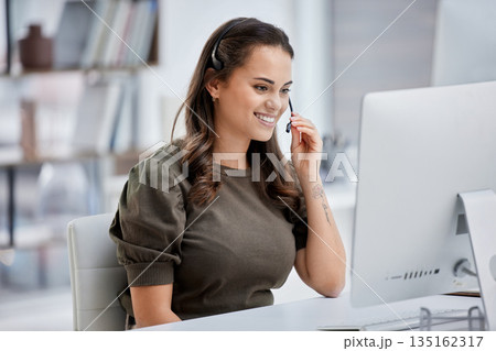 Smile, call center and business woman on computer for telemarketing, customer service and technical support. Contact us, crm and female sales agent, consultant or employee working in office help desk Smile, call center and business woman on computer for telemarketing, customer service and technical support. Contact us, crm and female sales agent, consultant or employee working in office help desk 135162317