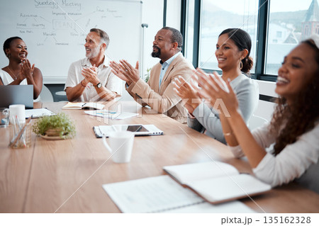 Business people, applause and meeting of audience in presentation or team seminar at the office. Happy group of employees clapping in conference for teamwork, support or motivation at the workplace Business people, applause and meeting of audience in presentation or team seminar at the office. Happy group of employees clapping in conference for teamwork, support or motivation at the workplace 135162328