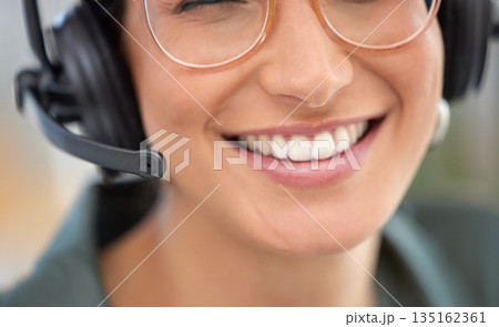 Call center, mouth and happy woman, consultant or advisor talking, virtual communication or technical support. Insurance agent, headphones or mic of person speaking or helping in customer service job 135162361