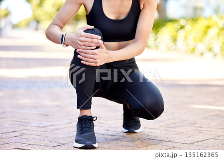 Closeup, outdoor and woman with fitness, knee pain and training with health issue, muscle tension and strain. Zoom, female person and athlete outside, leg injury and medical emergency with workout Closeup, outdoor and woman with fitness, knee pain and training with health issue, muscle tension and strain. Zoom, female person and athlete outside, leg injury and medical emergency with workout 135162365