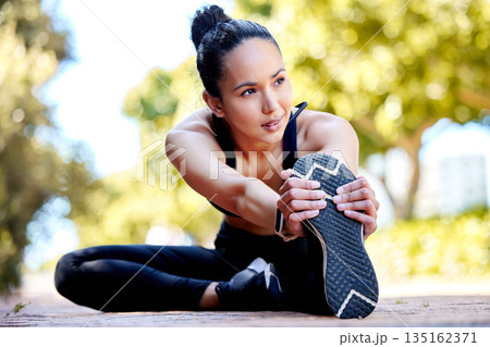 Stretching legs, fitness and woman outdoor for health, exercise and wellness. Sports, leg and female athlete stretch, warm up body or get ready to start workout, training or running, cardio or jog. Stretching legs, fitness and woman outdoor for health, exercise and wellness. Sports, leg and female athlete stretch, warm up body or get ready to start workout, training or running, cardio or jog. 135162371