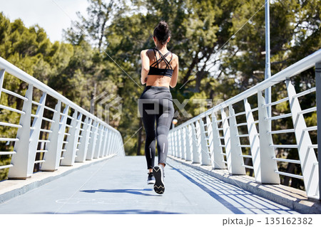 Woman, fitness and running on bridge for exercise, cardio workout or training in nature outdoors. Rear view of fit, active and sports female person, athlete or runner exercising for healthy wellness Woman, fitness and running on bridge for exercise, cardio workout or training in nature outdoors. Rear view of fit, active and sports female person, athlete or runner exercising for healthy wellness 135162382