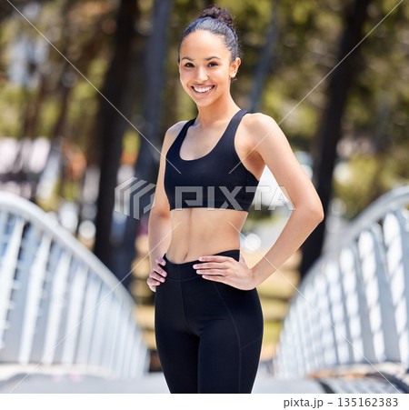 Portrait, fitness and happy woman outdoor for workout, training and exercise. Person, smile and female athlete akimbo from Brazil with motivation to start running, sports and exercising for wellness. Portrait, fitness and happy woman outdoor for workout, training and exercise. Person, smile and female athlete akimbo from Brazil with motivation to start running, sports and exercising for wellness. 135162383