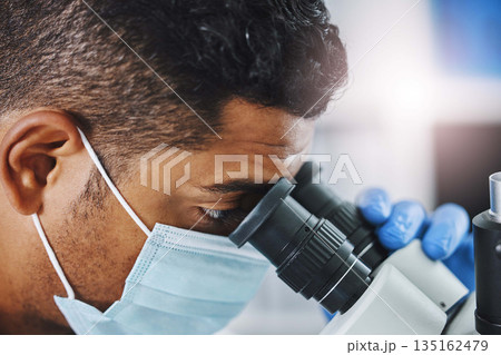 Science, laboratory and man with microscope for research, medical analysis and lab test for sample. Healthcare, biotechnology and face of male scientist with equipment for virus, experiment and exam Science, laboratory and man with microscope for research, medical analysis and lab test for sample. Healthcare, biotechnology and face of male scientist with equipment for virus, experiment and exam 135162479