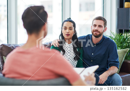 Couple, love and marriage with therapy, communication and discussion with advice psychology or support. Partners, man and woman with a counsellor, therapist or relationship with healing or consulting 135162582