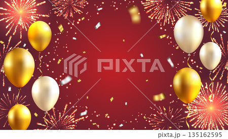 赤い背景に弾ける黄金の花火と風船のイラスト背景 135162595