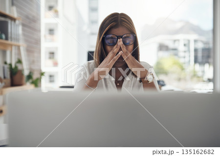 Stress, headache and business woman on computer for online mistake, frustrated and mental health risk or depression. Anxiety, job burnout and pain or tired person with problem, eye care or depressed Stress, headache and business woman on computer for online mistake, frustrated and mental health risk or depression. Anxiety, job burnout and pain or tired person with problem, eye care or depressed 135162682