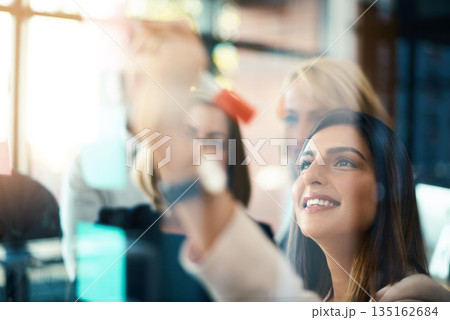 Business people, happy woman and brainstorming on glass with schedule on sticky note, calendar and planning goals. Collaboration, ideas and team writing on window for feedback, agenda and timeline 135162684