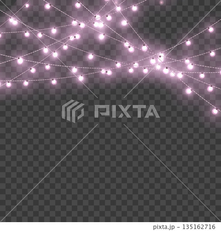 Christmas Pink Crossed Glowing String Lights Border on Transparent Background. Vector Christmas Pink Crossed Glowing String Lights Border on Transparent Background. Vector 135162716