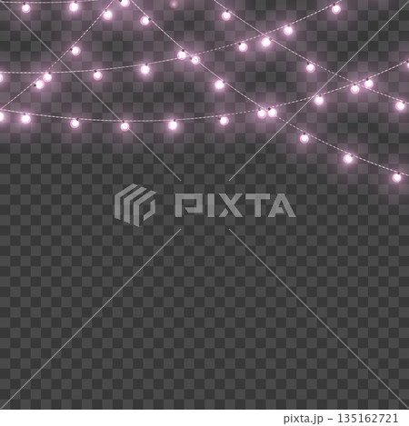 Christmas Pink Crossed Glowing String Lights Border on Transparent Background. Vector Christmas Pink Crossed Glowing String Lights Border on Transparent Background. Vector 135162721