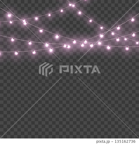 Christmas Pink Crossed Glowing String Lights Border on Transparent Background. Vector 135162736