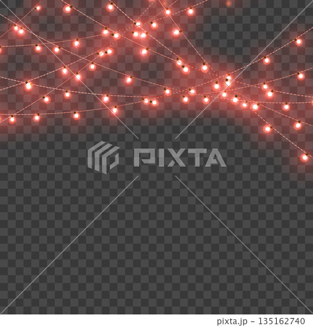 Christmas Red Glowing Crossed String Lights Border on Transparent Background. Vector Christmas Red Glowing Crossed String Lights Border on Transparent Background. Vector 135162740