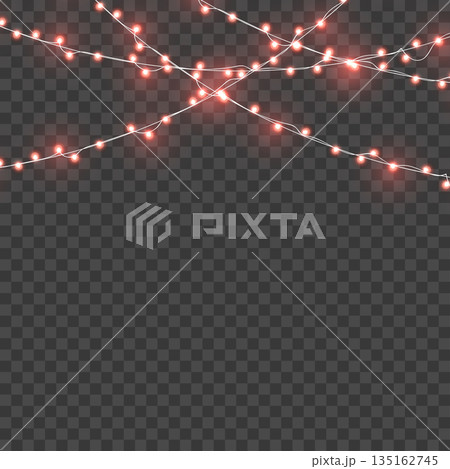 Christmas Red Glowing Crossed String Lights Border on Transparent Background. Vector 135162745