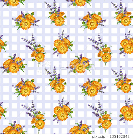 Calendula and lavender flowers seamless pattern watercolor vintage illustration. Hand drawn fresh calendula flowers mixed with lavender stems bright floral decor element on check pattern background Calendula and lavender flowers seamless pattern watercolor vintage illustration. Hand drawn fresh calendula flowers mixed with lavender stems bright floral decor element on check pattern background 135162842