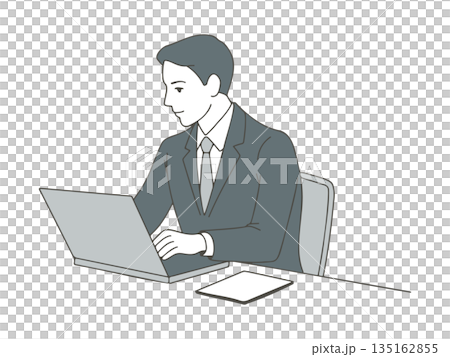 Illustration material of a man in a suit working at a desk using a laptop 135162855