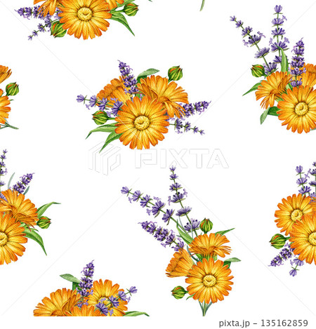 Calendula and lavender flowers seamless pattern watercolor illustration. Hand drawn fresh calendula garden flowers mixed with lavender stems floral bright element on white background Calendula and lavender flowers seamless pattern watercolor illustration. Hand drawn fresh calendula garden flowers mixed with lavender stems floral bright element on white background 135162859
