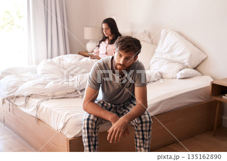 Home bed, man and couple with problem, marriage conflict or stress over mistake, life fail or insomnia. Mental health risk, mistake and person depressed, sad and thinking about divorce in bedroom Home bed, man and couple with problem, marriage conflict or stress over mistake, life fail or insomnia. Mental health risk, mistake and person depressed, sad and thinking about divorce in bedroom 135162890