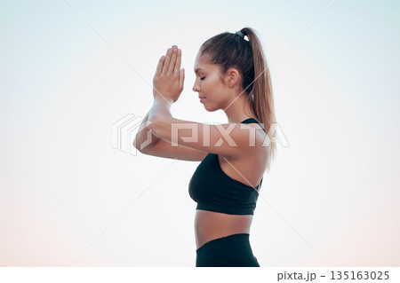 Fitness, woman with yoga exercise and meditation outdoors for peace or freedom. Workout or training, meditating and female athlete practicing outside for balance or health wellness lifestyle 135163025