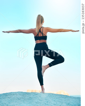 Back, yoga and woman outdoor, meditation and exercise with wellness, stretching and health. Female person, athlete and girl outside, pilates training and workout goal with fitness, chakra and peace Back, yoga and woman outdoor, meditation and exercise with wellness, stretching and health. Female person, athlete and girl outside, pilates training and workout goal with fitness, chakra and peace 135163037