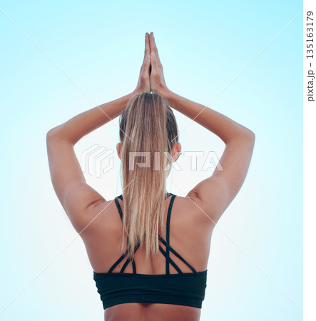 Sky, yoga and woman with prayer hands, back and outdoor for health, fitness and wellness. Pilates, meditation and female athlete with namaste for exercise, holistic workout or training in summer. Sky, yoga and woman with prayer hands, back and outdoor for health, fitness and wellness. Pilates, meditation and female athlete with namaste for exercise, holistic workout or training in summer. 135163179