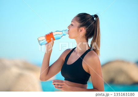Beach, exercise and woman drinking water, health and training with stress relief, relax and break. Female person, girl and athlete outdoor, liquid and workout goal with hydration, fitness or wellness Beach, exercise and woman drinking water, health and training with stress relief, relax and break. Female person, girl and athlete outdoor, liquid and workout goal with hydration, fitness or wellness 135163180