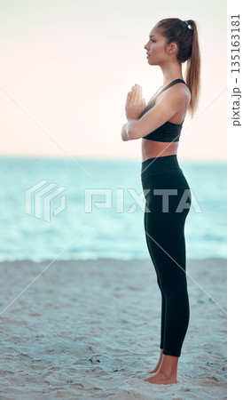 Woman with meditation at beach, yoga and praying with mindfulness, zen and balance with fitness outdoor. Female yogi with health, wellness and peace, spiritual and peace with healing and mockup space 135163181