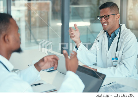 Meeting room, talking and team of doctors for advice, problem solving and solution or ideas in healthcare service. Happy medical man or people in conversation, support and collaboration for clinic Meeting room, talking and team of doctors for advice, problem solving and solution or ideas in healthcare service. Happy medical man or people in conversation, support and collaboration for clinic 135163206