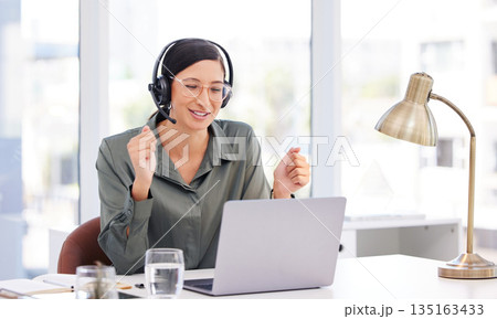 Call center, computer and woman winning, success and celebration for target, sales and telecom results or news. Happy web agent, telemarketing worker or person reading laptop with yes, goal and fist Call center, computer and woman winning, success and celebration for target, sales and telecom results or news. Happy web agent, telemarketing worker or person reading laptop with yes, goal and fist 135163433