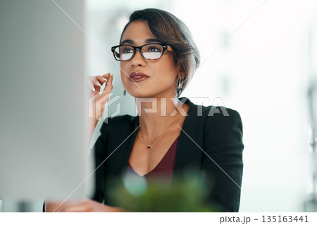 Computer, research and business woman in glasses reflection for reading, online review or editor analysis. Focused Latino person or professional worker in website editing or analytics on desktop pc Computer, research and business woman in glasses reflection for reading, online review or editor analysis. Focused Latino person or professional worker in website editing or analytics on desktop pc 135163441