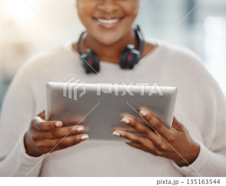 Hands, tablet and research with a business person searching the internet for information or data. Technology, search and online with an adult employee networking using a wireless portable device 135163544