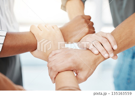 Collaboration, support and business people with their arms linked as a team for community, solidarity or unity. Teamwork, trust and motivation with a group of colleagues holding wrists in partnership 135163559