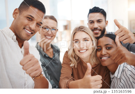 Group, business people and thumbs up in office portrait, diversity and solidarity for smile, teamwork or goals. Men, women and agreement with hand, sign language or emoji for collaboration at startup Group, business people and thumbs up in office portrait, diversity and solidarity for smile, teamwork or goals. Men, women and agreement with hand, sign language or emoji for collaboration at startup 135163596