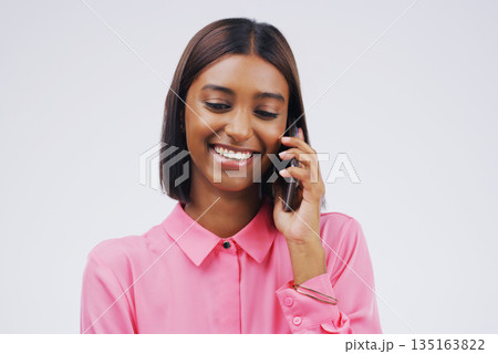 Phone call, laugh and Indian woman in studio smile for conversation, talking and funny chat. Communication mockup, white background and female person on smartphone for network, contact and connection Phone call, laugh and Indian woman in studio smile for conversation, talking and funny chat. Communication mockup, white background and female person on smartphone for network, contact and connection 135163822