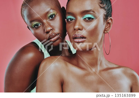 Makeup art, women together and portrait in studio, beauty or cosmetic for diverse friends by background. Creative black woman, model girl and neon color for support, skin glow or futuristic aesthetic Makeup art, women together and portrait in studio, beauty or cosmetic for diverse friends by background. Creative black woman, model girl and neon color for support, skin glow or futuristic aesthetic 135163899