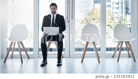 Business man, laptop and waiting room in queue, chair and typing for networking, research or hr recruitment. Businessman, computer and human resources for interview, hiring opportunity or internship 135163911