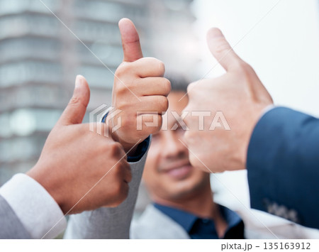 Winning, thumbs up and group of people thank you, support or teamwork hands vote, yes and like emoji. Great, ok and business man with team or winner collaboration, thanks sign and success in city 135163912