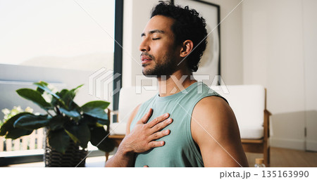 Meditation, calm man or home for breathing routine, relaxation or body awareness practice for wellness. Mindfulness, inner peace or person with holistic breathwork exercise, yoga or mental health zen 135163990